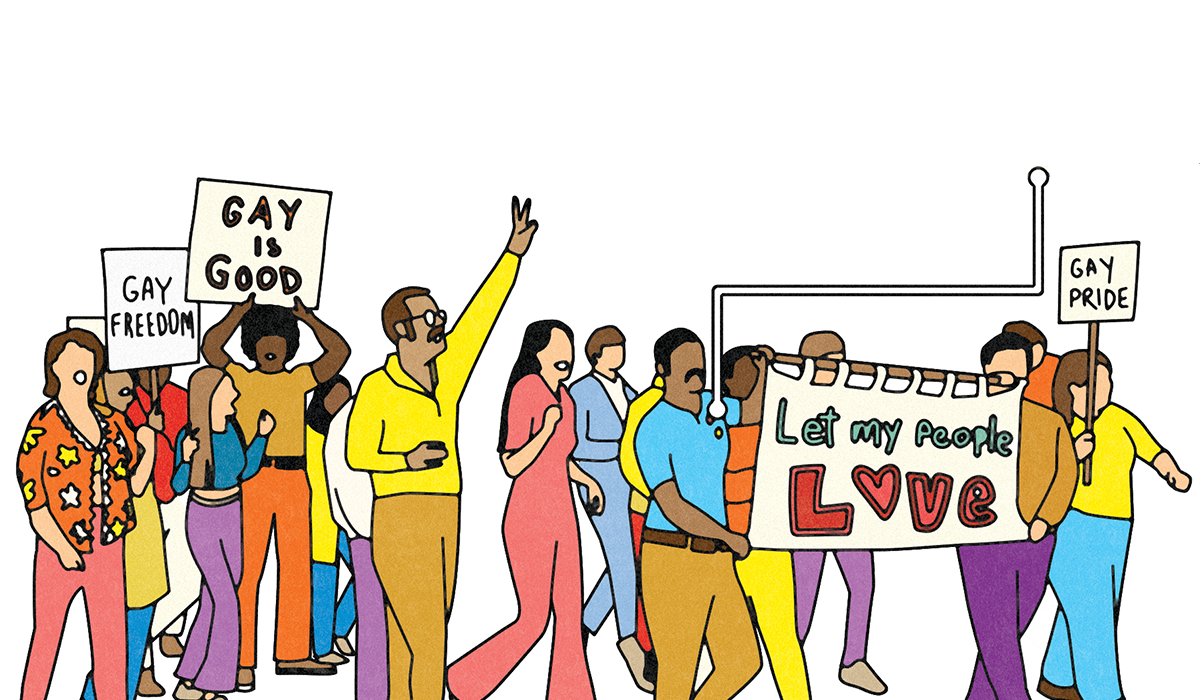 Comic art of a group of people holding signs &quot;Gay is Good&quot; and peace signs of Gay liberation
